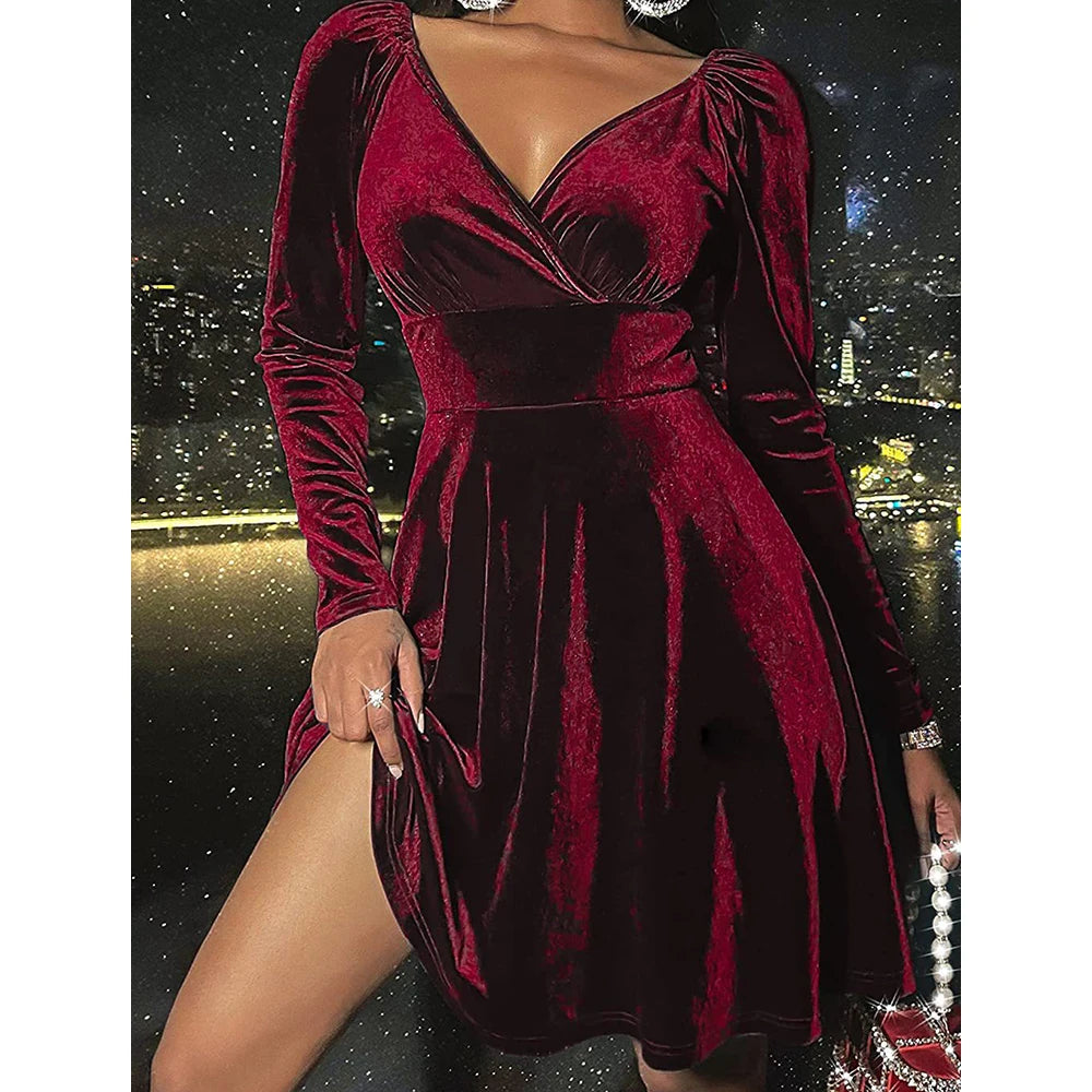 Women's Dresses Autumn Winter Decent Plain Long Sleeve Plunge Neck Nipped Waists Mini A-Line Party Dresses