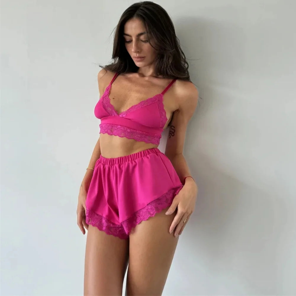 Sexy Lace Splicing Lingeries Sets Woman V Neck Spaghetti Strap Satin Bra And Shorts Pajama Set Casual Home Sleepwear Set