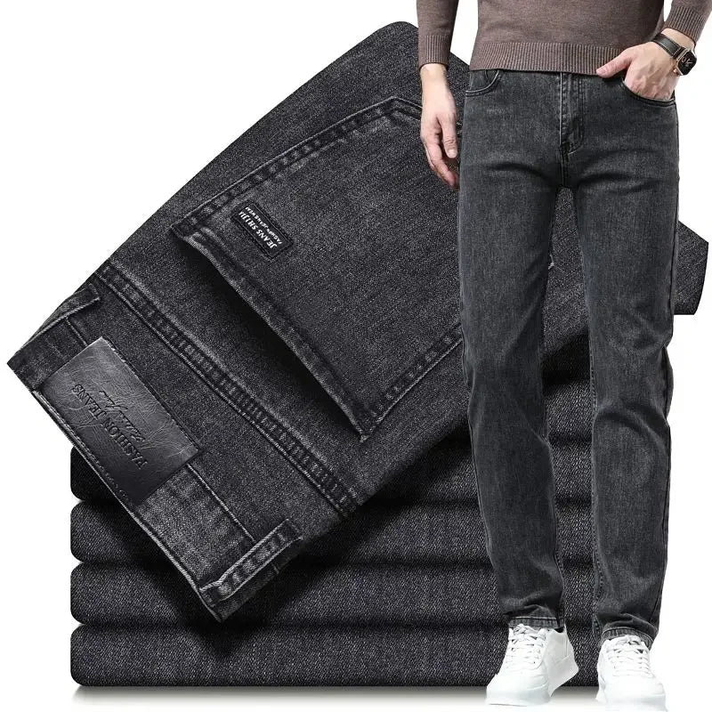 Amekaji Men Fashion  Slim Fit Jeans Male Elasticity Smart Casual Mid Classics Straight Denim Pants Wedding Party Black Trousers