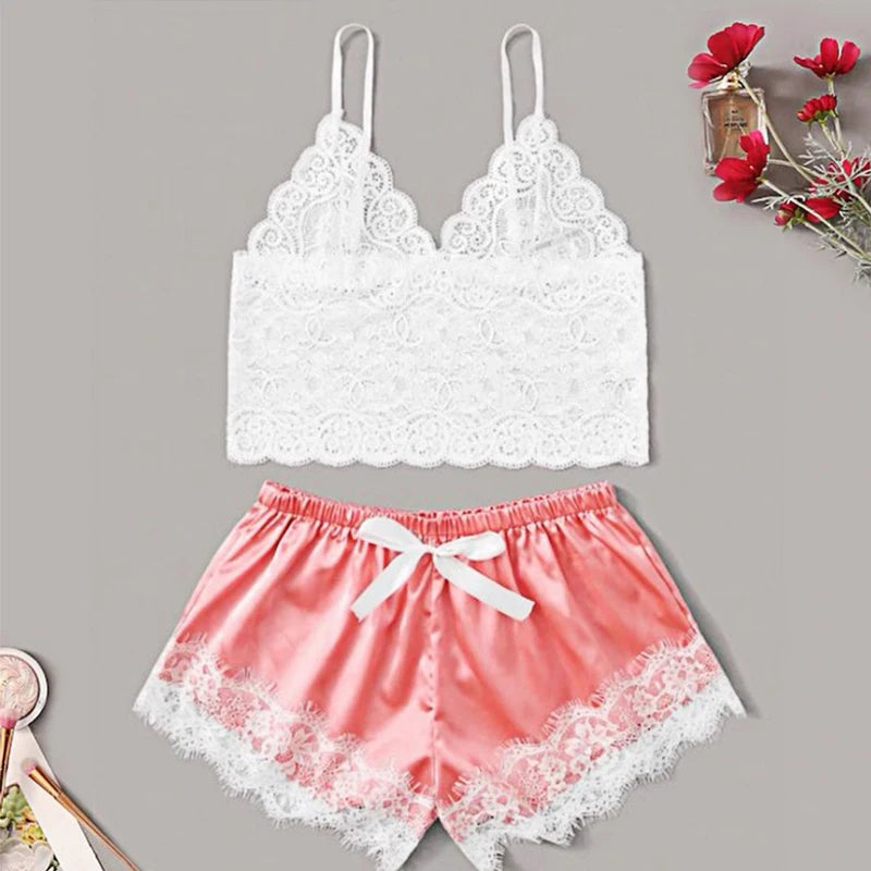 Women's 2 Piece Sexy Lace Pajama Set See-through Bralette Cami Top And Shorts Breathable Sleepwear Plus Size Summer Lingerie