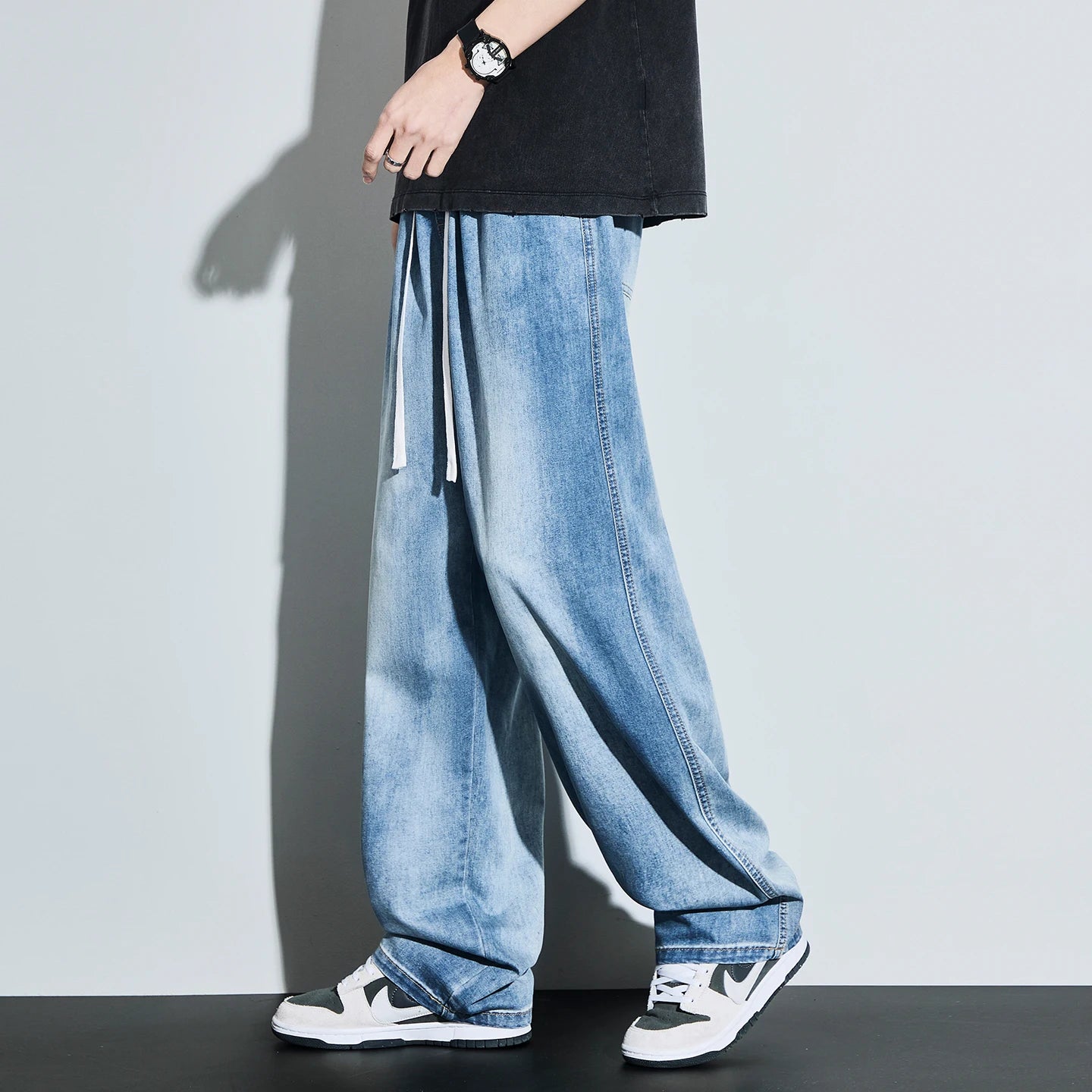 High Quality Spring Summer Lyocell Men's Jeans Baggy Straight Drawstring Streetwear High Street Trousers Male 7 Color