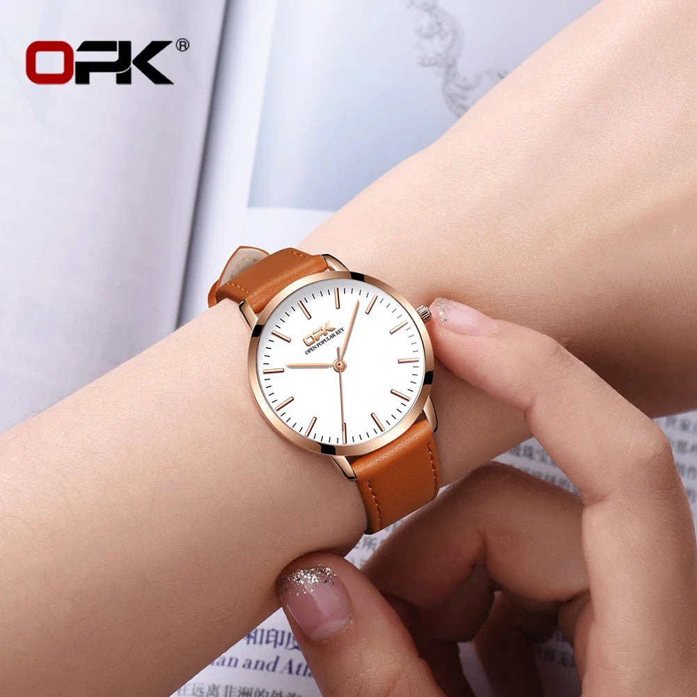 OPK 8101 Original Quartz Watch For Women Waterproof Leather Strap Hand Clock Simple Dial Top Brand Fashion Ladies Wrist Watches