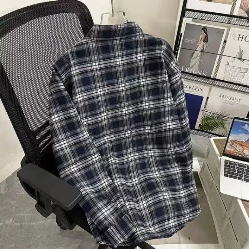 Men's Fleece Shirt Winter Thickened Long Sleeve Warm Shirts Black White Plaid Casual Button with Pocket All Matching Tops Coats