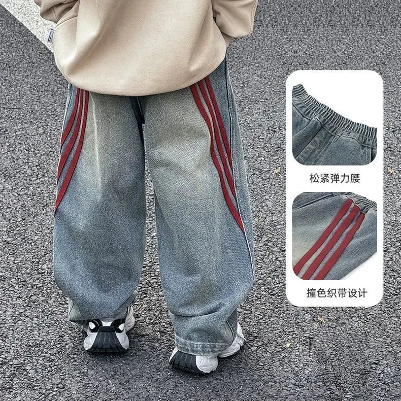 Spring 2026 Children Denim Pants YBFSKID Red Striped Spliced Toddler Kids Boys Jeans Little Baby Boys Trousers 2-10Y Boys Pants