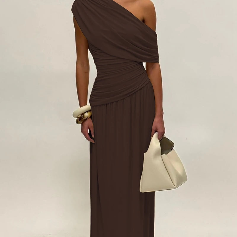 Hugcitar One Shoulder Ruched Sleeveless Solid Pleated Sexy Irregular Y2K Maxi Dress Summer Elegant Party Women Clothes Vacation