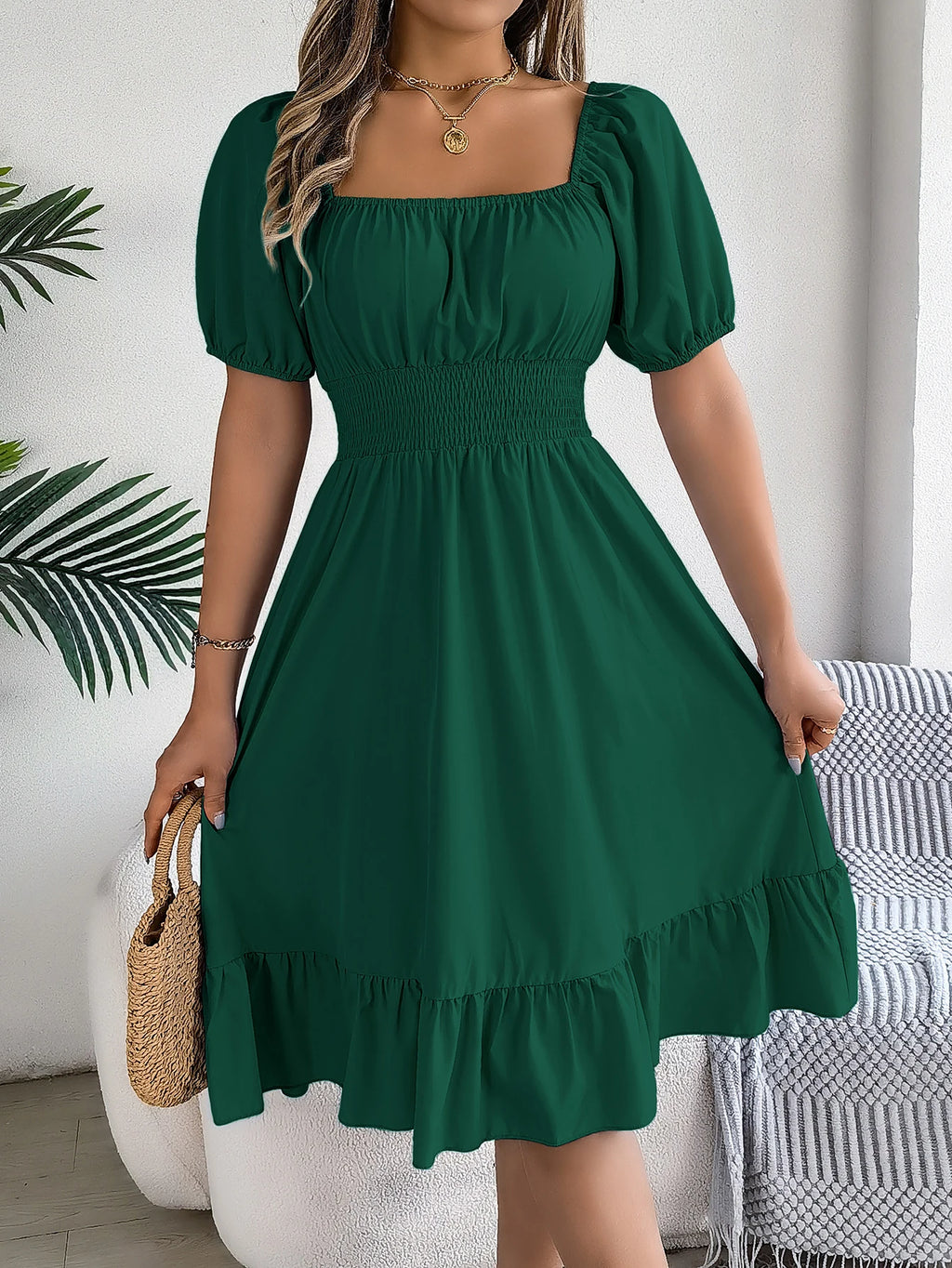 Spring Summer Elegant High Waisted Dress Square Neck Short Sleeved Ruffled Edge Long Dresses for Women 2026 Valentine's Day