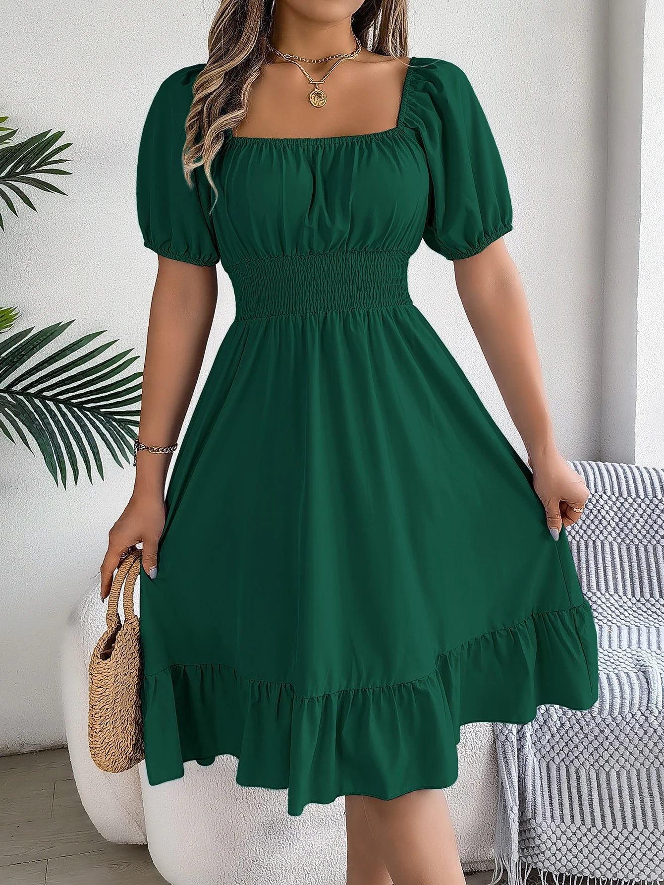 Spring Summer Elegant High Waisted Dress Square Neck Short Sleeved Ruffled Edge Long Dresses for Women 2026 Valentine's Day