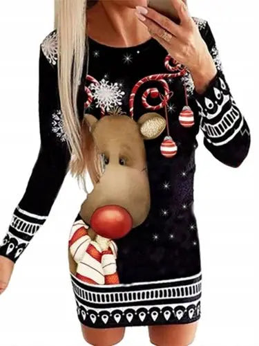 Black White Snowflake Deer Pattern Women's Dress Autumn Winter Sext Long Sleeve Bodycon Mini Dress Elegant Red Christmas Dresses