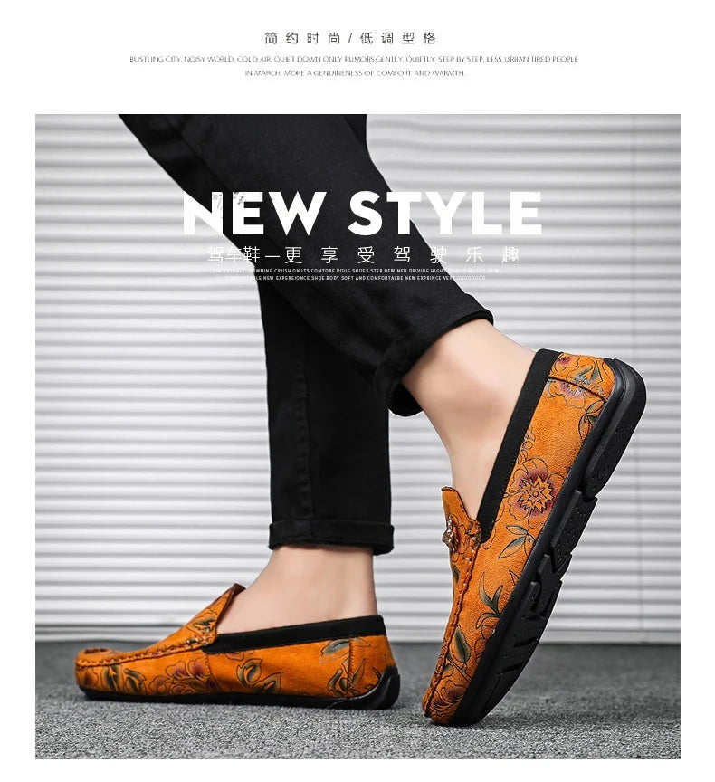 Luxury Brand Yellow Men Casual Shoes Fashion Flower Print Loafers Men Designer Flat Shoes Comfortable Slip-on Male Driving Shoes