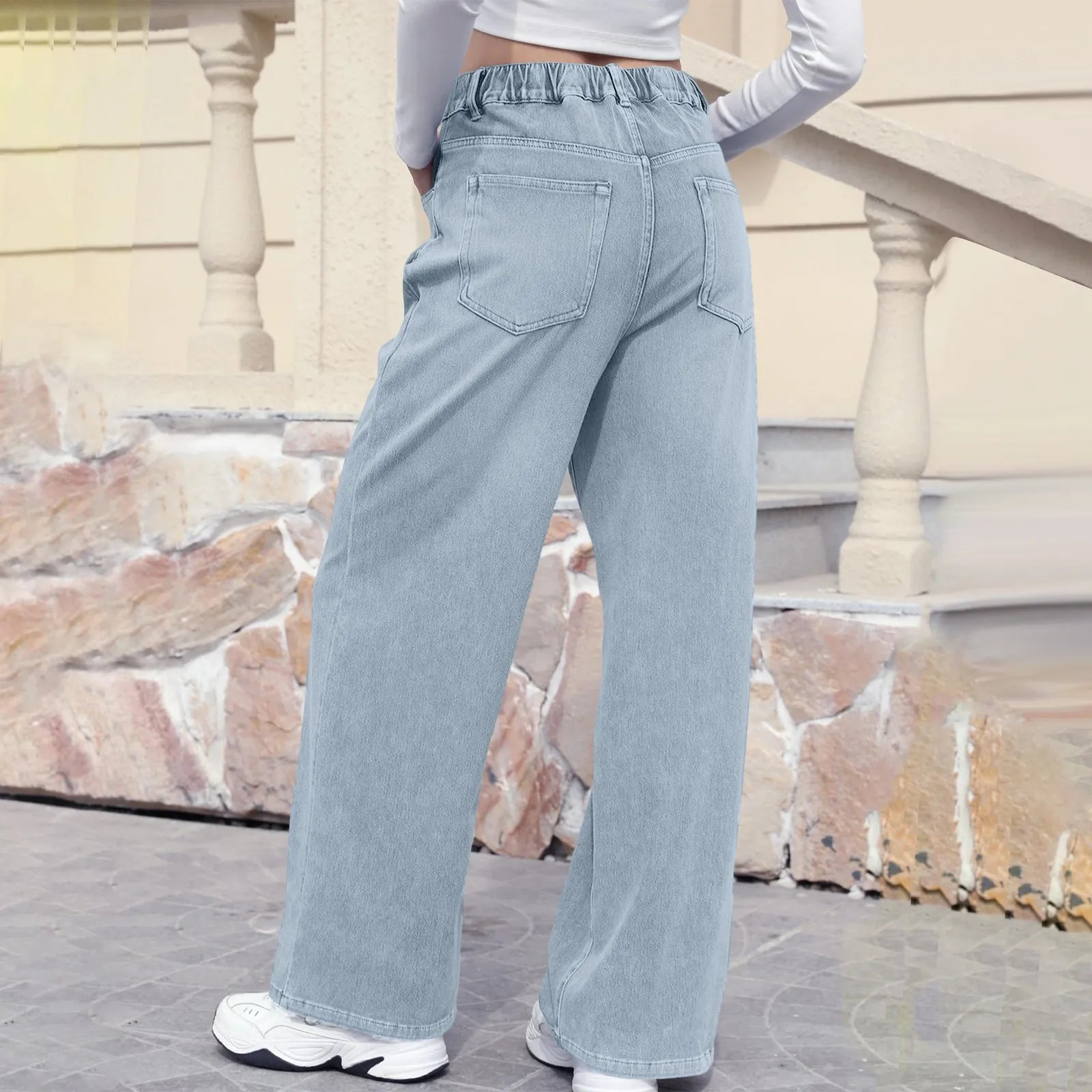 New Y2K Washed Blue Straight Loose Fit High Waist Hole Trousers Pants Women's Jeans Fashion Personality To Do Old Denim