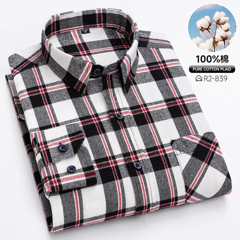 Pure Cotton Men's Plaid Shirts Long Sleeved Regular Fit Casual Office Fashion Shirts Leisure Autumn Male Check Blouses Plus Size