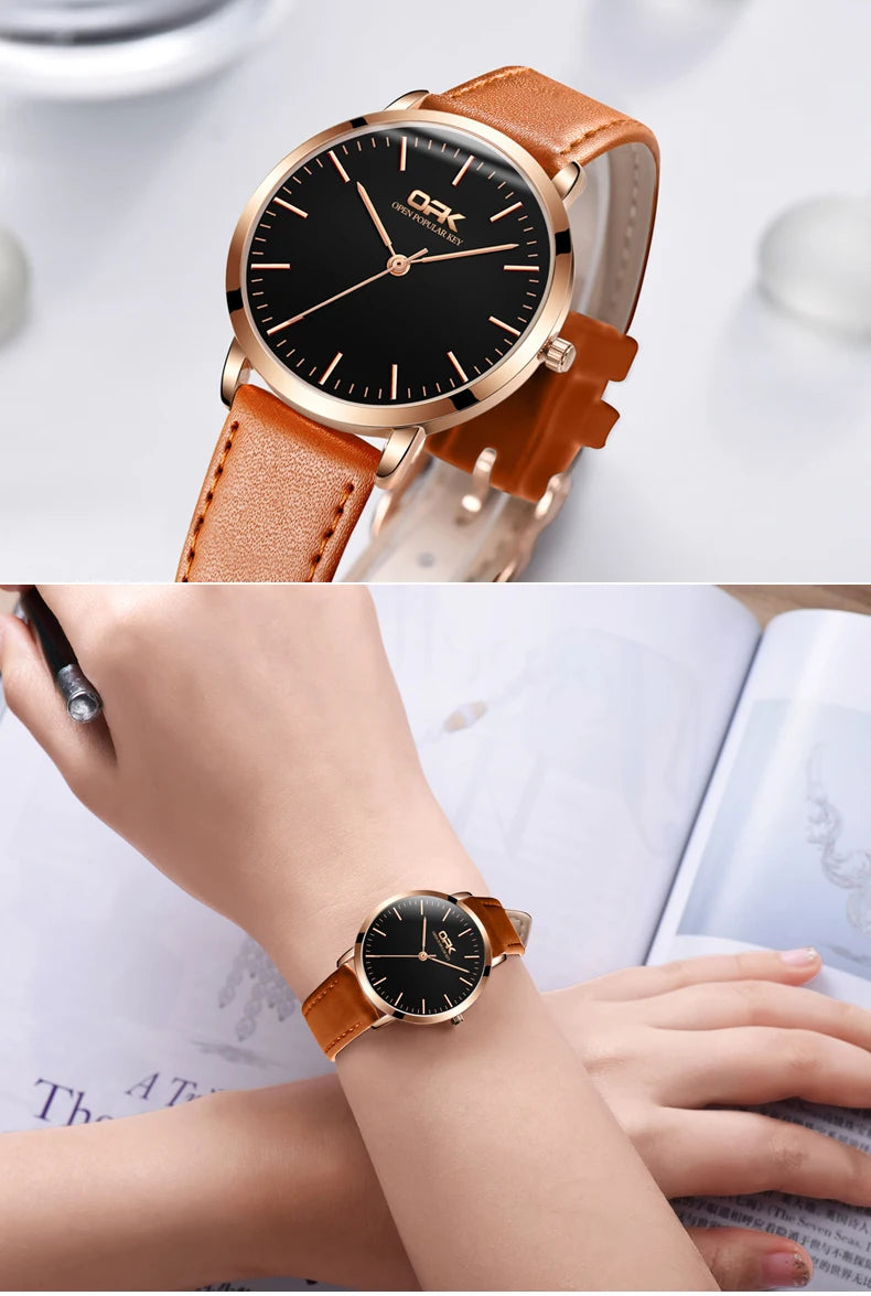OPK 8101 Original Quartz Watch For Women Waterproof Leather Strap Hand Clock Simple Dial Top Brand Fashion Ladies Wrist Watches