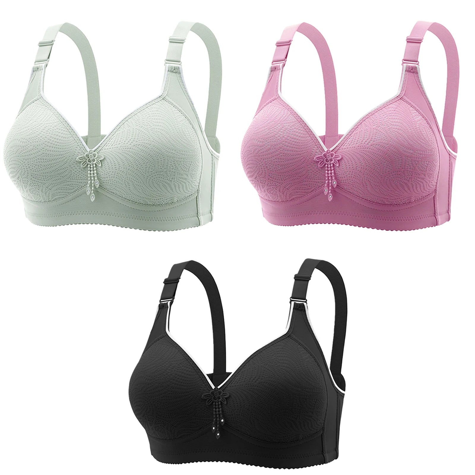 3pcs Women's Bra Lingerie - Appliques Jacquard Lightly Padded Push-Up, Adjustable Straps for Cup A B C D, Sexy Underwear