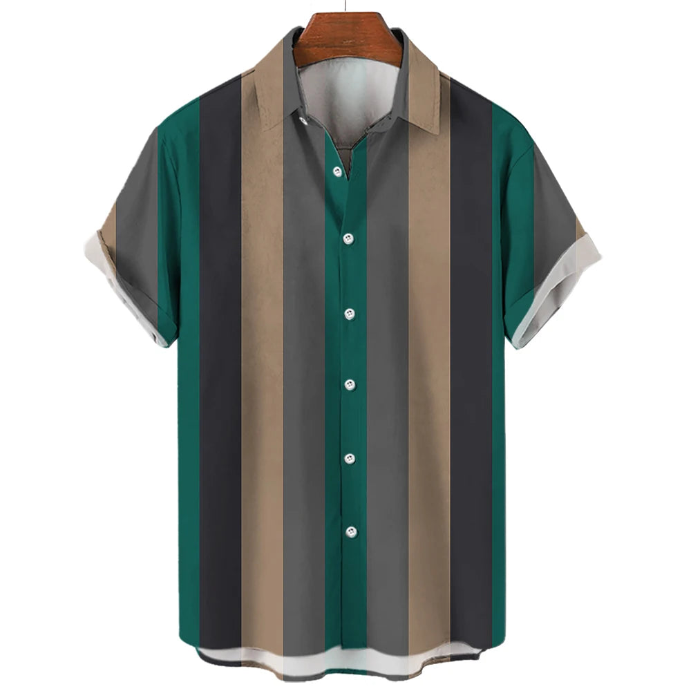 Men's Hawaiian Shirt Summer Stripes Print Short Sleeve Top Tees Fashion Casual Social Shirts Lapel Button Oversized Men Clothing