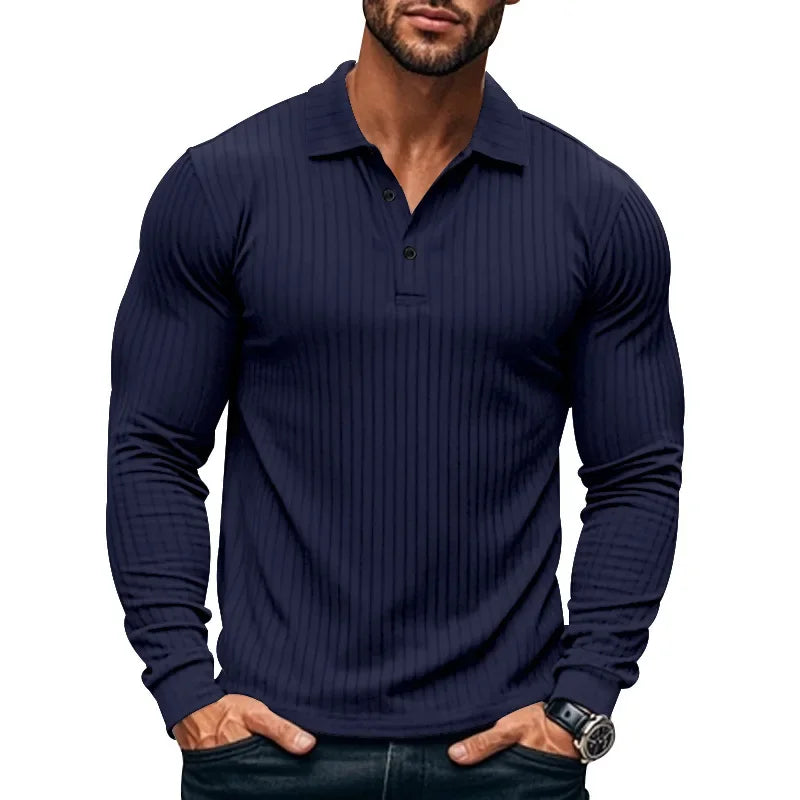 Men's Autumn  Classic Casual  Elastic Pit Strip Polo ShirtAmerican  Lapel Button-up Long-Sleeved T-shirt