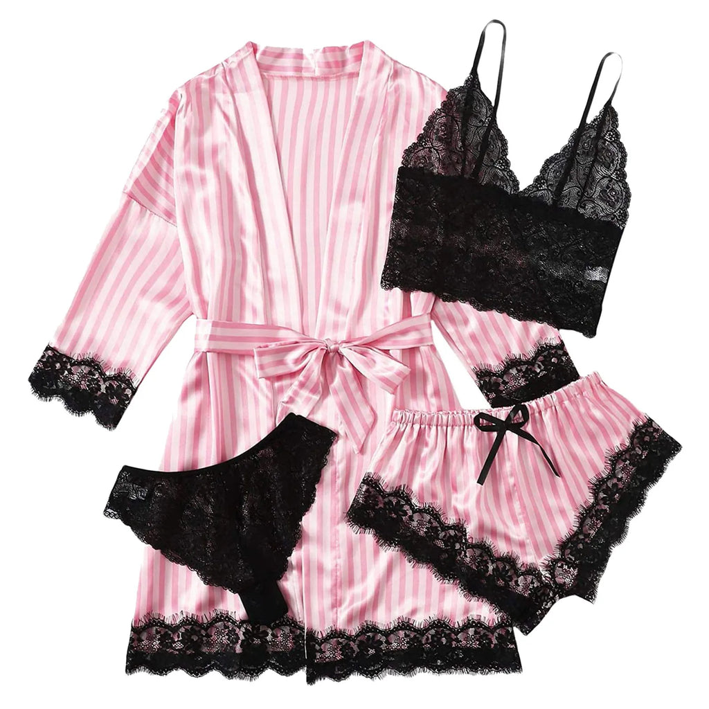 4-Piece Women Sexy Garter Lingerie Set Robes Lace Bodysuit Deep-V Neck Underwear