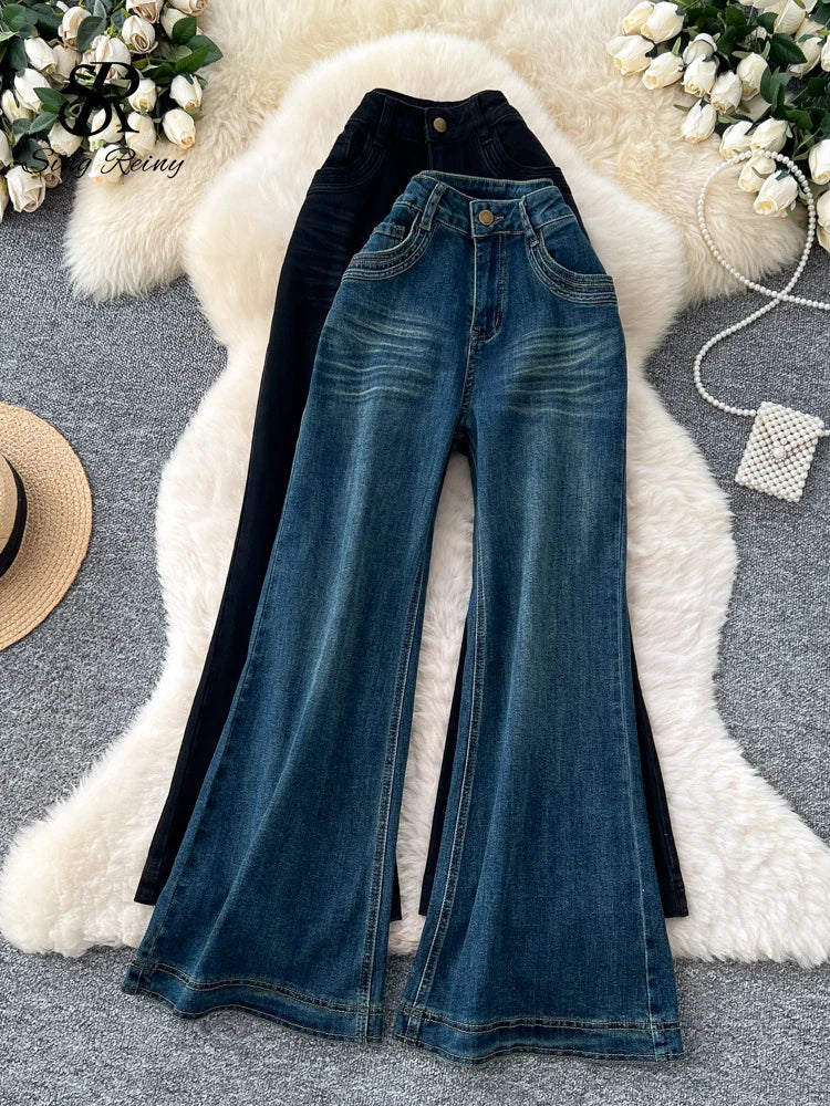 SINGREINY Female Do Old Vintage Jeans Zipper Casual Trendy Street Long Pants Chic High Waist Classic Versatile Boot Cut Trousers