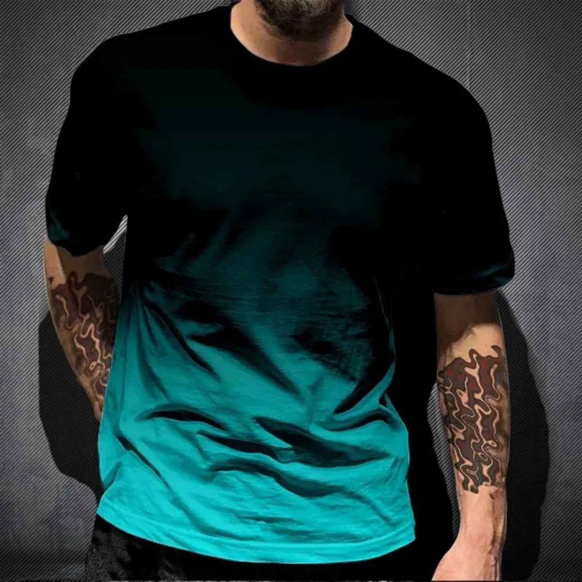 Fashionable men's breathable round neck T-shirt with gradient printed pattern, outdoor sports and leisure quick drying casual to