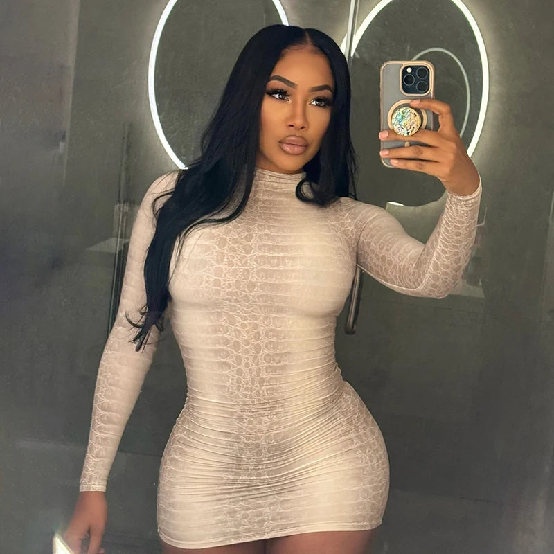CUTENOVA Fall New Arrival Hottie Girl Long-Sleeve Fitted Snake Print Stand Collar Bodycon Mini Dress Elegant Stylish Streetwear