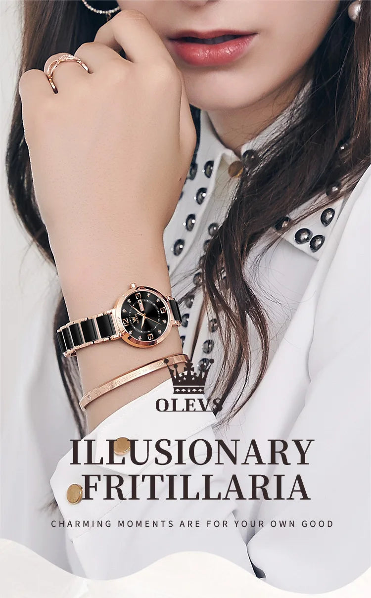 OLEVS New Ceramics Watchstrap Watch For Women Luxury Business Diamonds Wristwatch Fashion Waterproof Dual Calendar Woman Watches