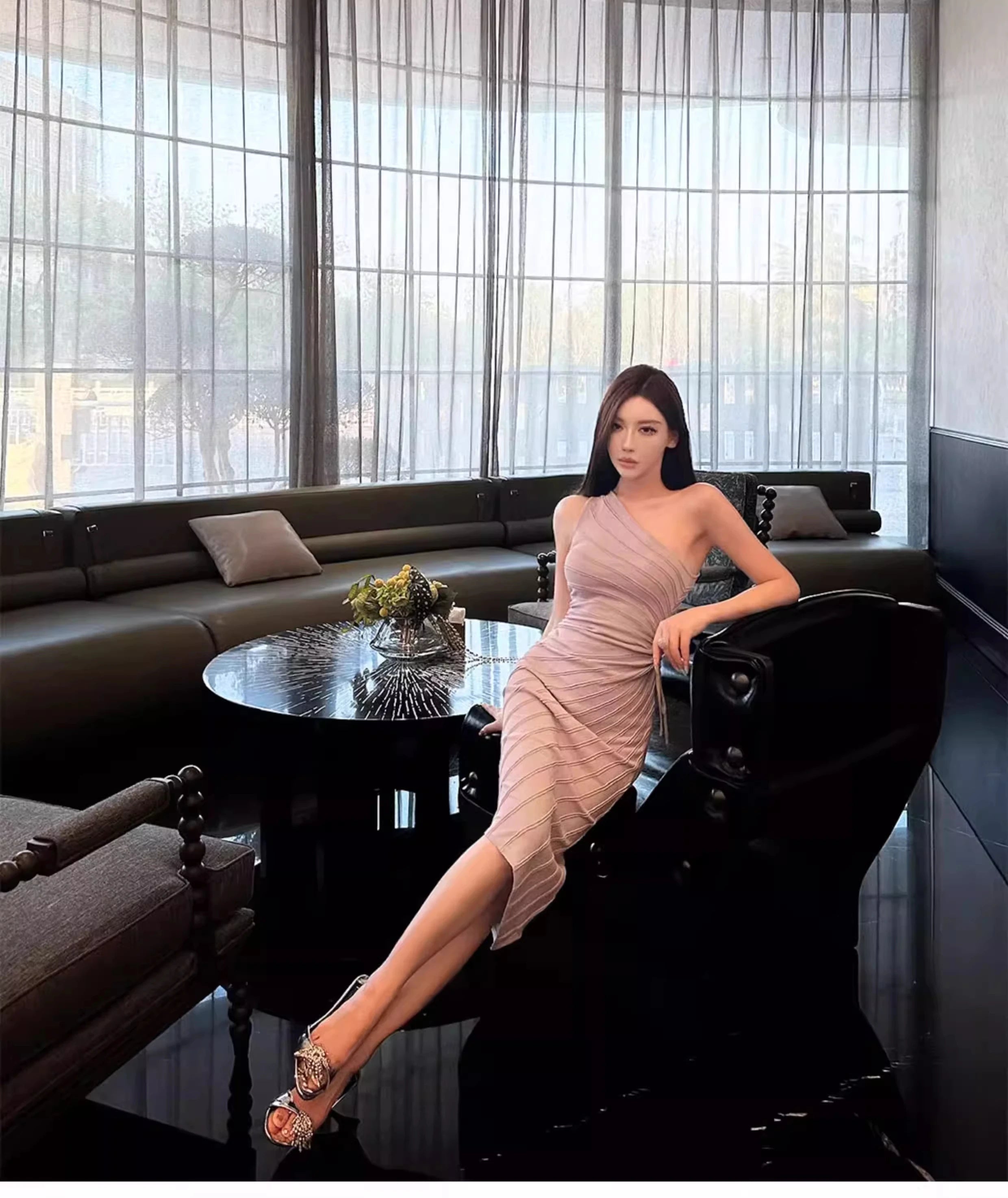 Women Elastic Summer Simple Party Dresses Sexy Irregular One Shoulder Stripe Sheath Pencil Dress