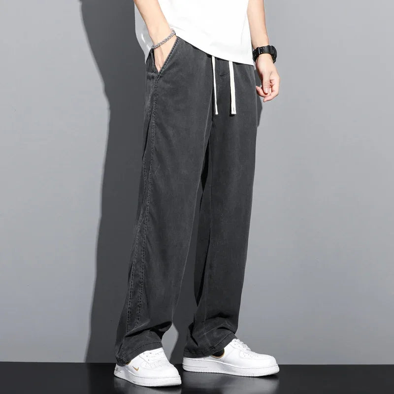 High Quality Summer Lyocell Fabric Men's Jeans Thin Straight Pants Drawstring Elastic Waist Korea Casual Trousers Plus Size