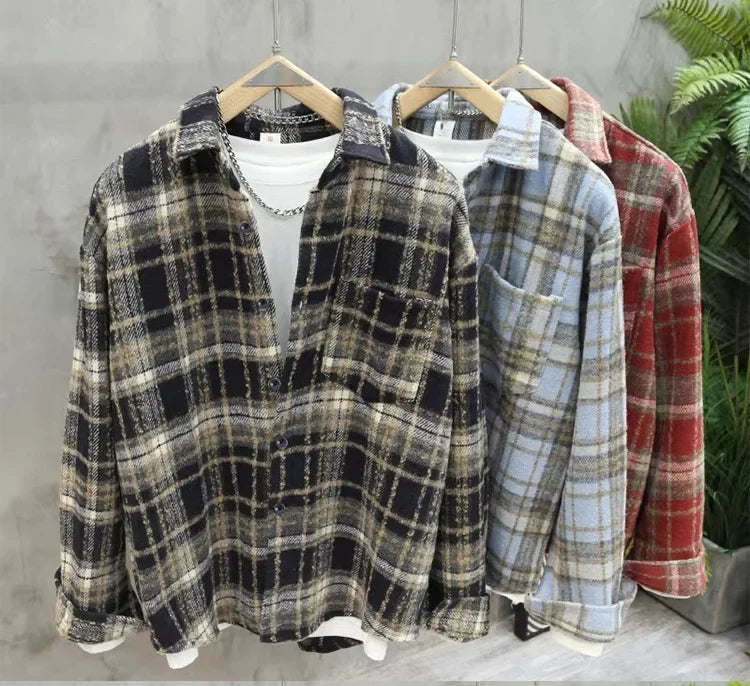 Retro American Plaid Long Sleeve Shirt Women's Lazy Style Loose Slimming Versatile Flannel Coat with Pocket Full Length Button u