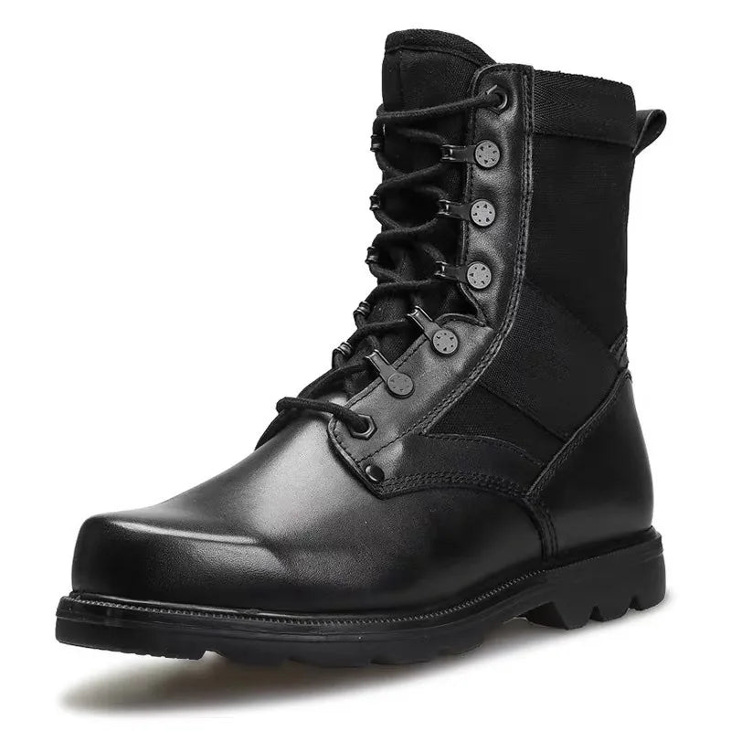 Men's Security Boots Black High-top Leather Boots Outdoor Tactical Combat Boots Anti Slip Hiking Boot Hunting Safety Shoes Botas