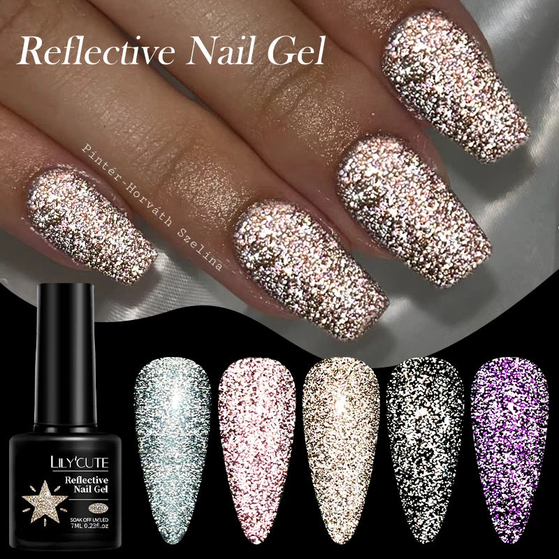 LILYCUTE 7ml Reflective Glitter Gel Nail Polish Shining Sparkling Gorgeous Silver Effect Semi-permanent UV Gel Nail Art Manicure