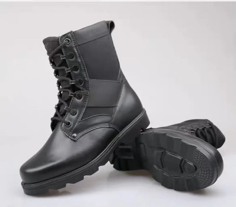 Men's Security Boots Black High-top Leather Boots Outdoor Tactical Combat Boots Anti Slip Hiking Boot Hunting Safety Shoes Botas