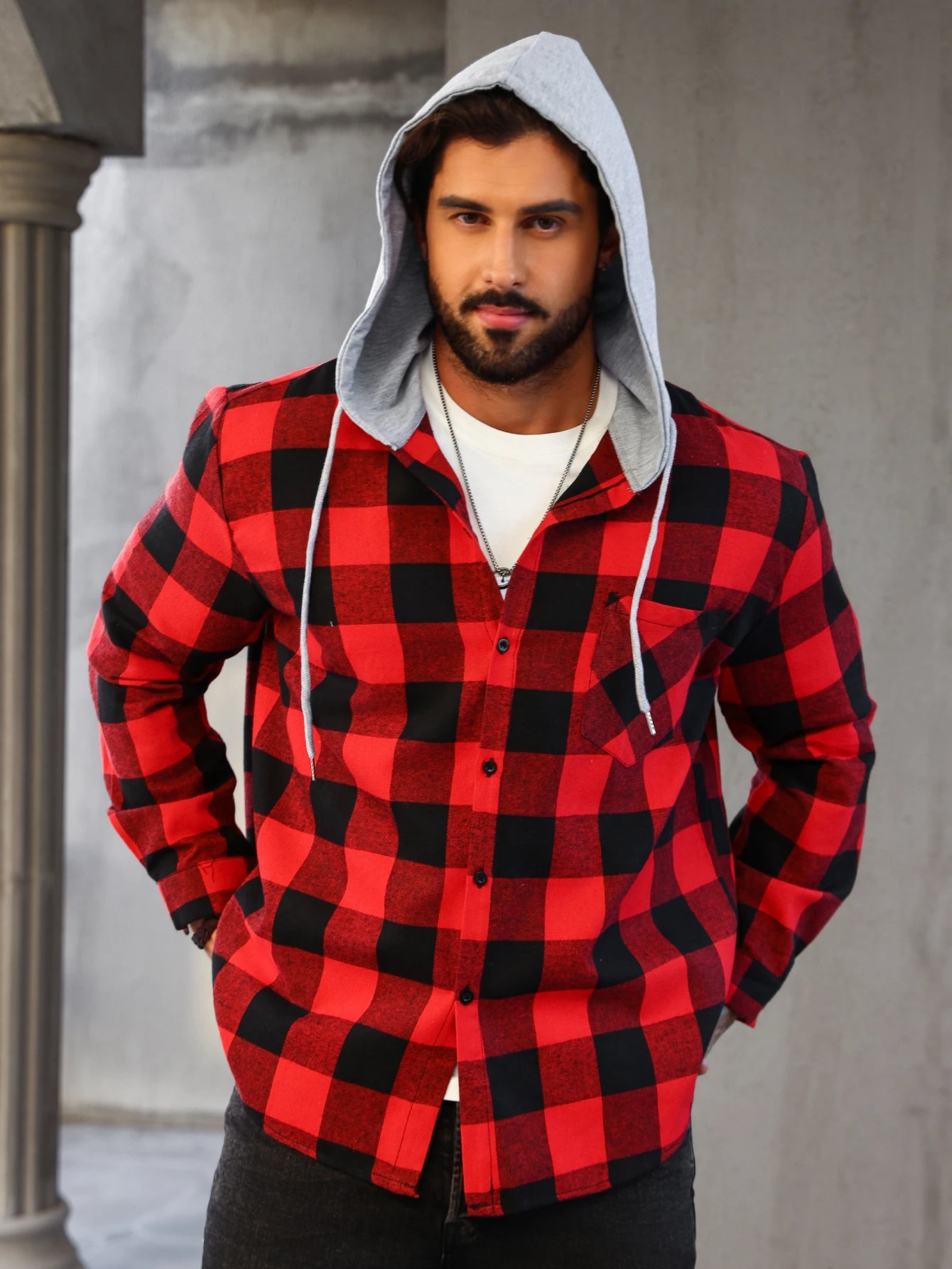 Mens Colorful Plaid Hooded Cardigan Color Block Sweatshirt with Pockets Top Jacket