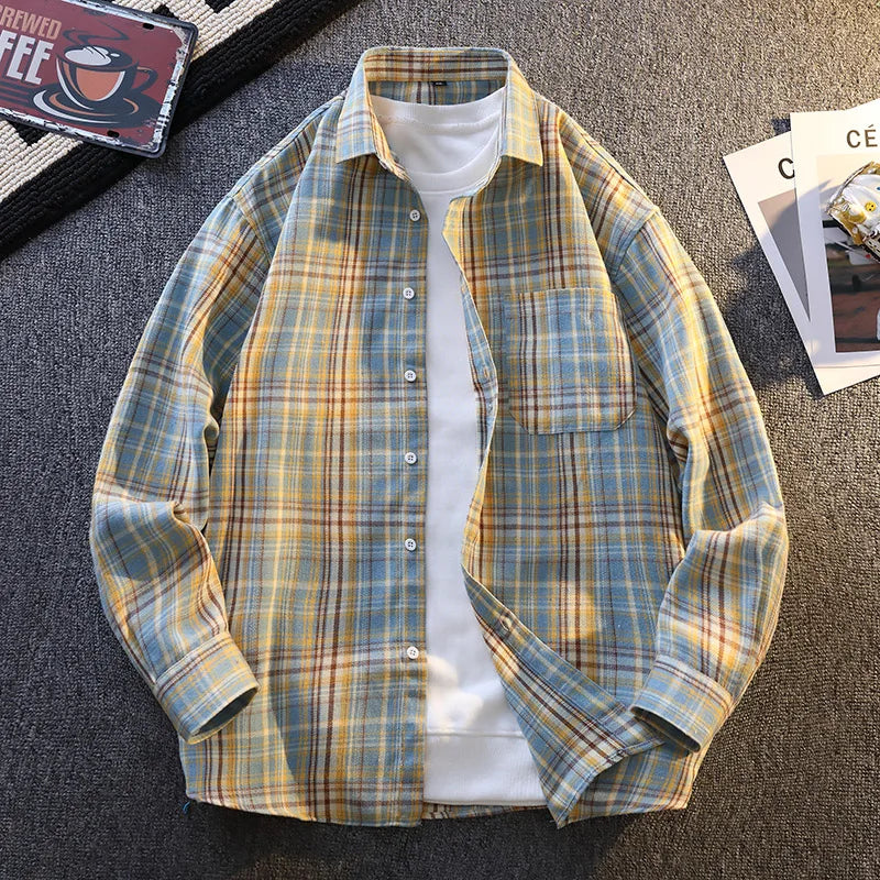 High-quality, fashionable, stylish, versatile and trendy men's checked long-sleeved shirt for autumn banquets and casual wear