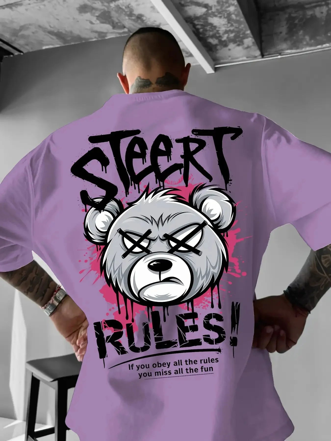 Summer Men's New Angry Bear Letter Printed Comfortable and Breathable Round Neck T-shirt Outdoor Street Versatile Top