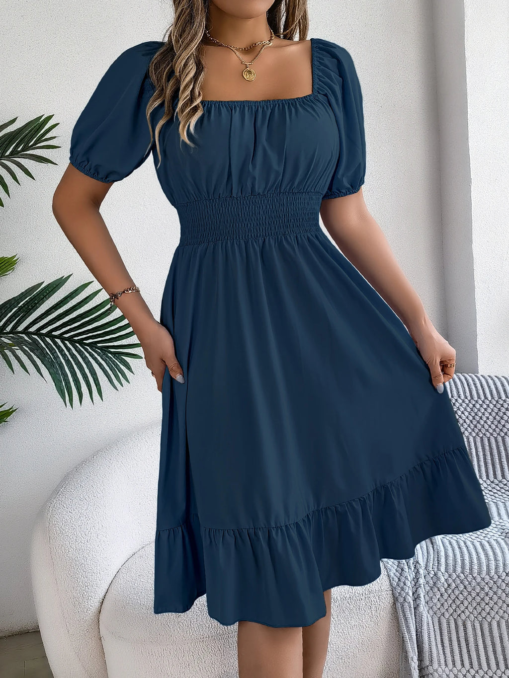 Spring Summer Elegant High Waisted Dress Square Neck Short Sleeved Ruffled Edge Long Dresses for Women 2026 Valentine's Day