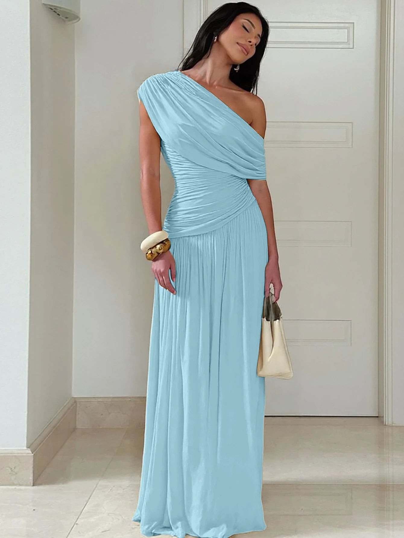 Hugcitar One Shoulder Ruched Sleeveless Solid Pleated Sexy Irregular Y2K Maxi Dress Summer Elegant Party Women Clothes Vacation