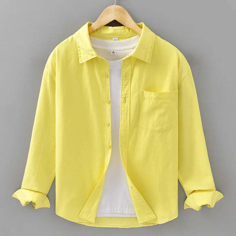 Basic Men's Long-Sleeve Cotton Shirt - Casual and Versatile Spring Style 100% Cotton Solid Color Casual Shirt