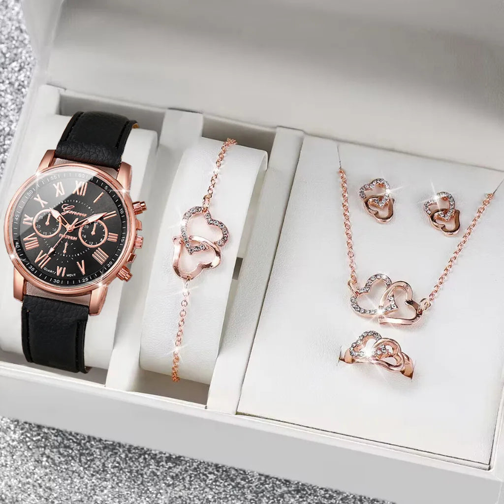 2/6pcs Luxury Watch Set Women Ring Necklace Earrings Rhinestone Fashion Wristwatch Female Casual Ladies Watches Bracelet(No Box)