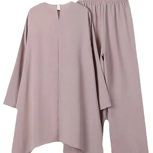 Hot Sale Of The Season Muslim Women's Fashion Casual round Neck Overhead Long Pants Midi Skirt Set Solid Color Middle East Cross