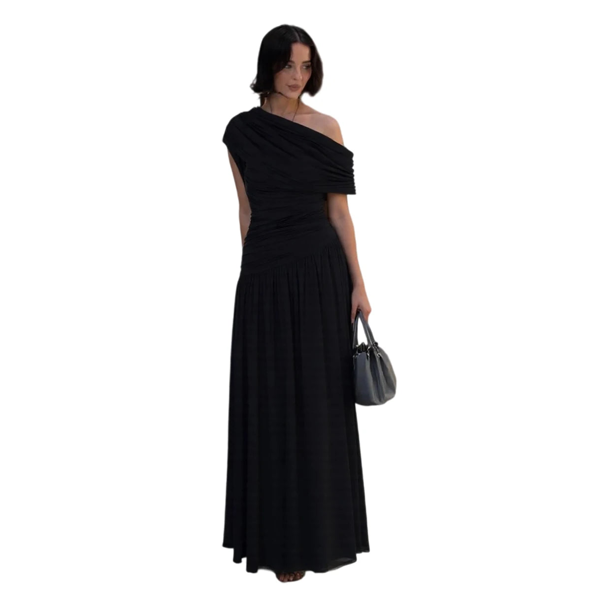 Hugcitar One Shoulder Ruched Sleeveless Solid Pleated Sexy Irregular Y2K Maxi Dress Summer Elegant Party Women Clothes Vacation
