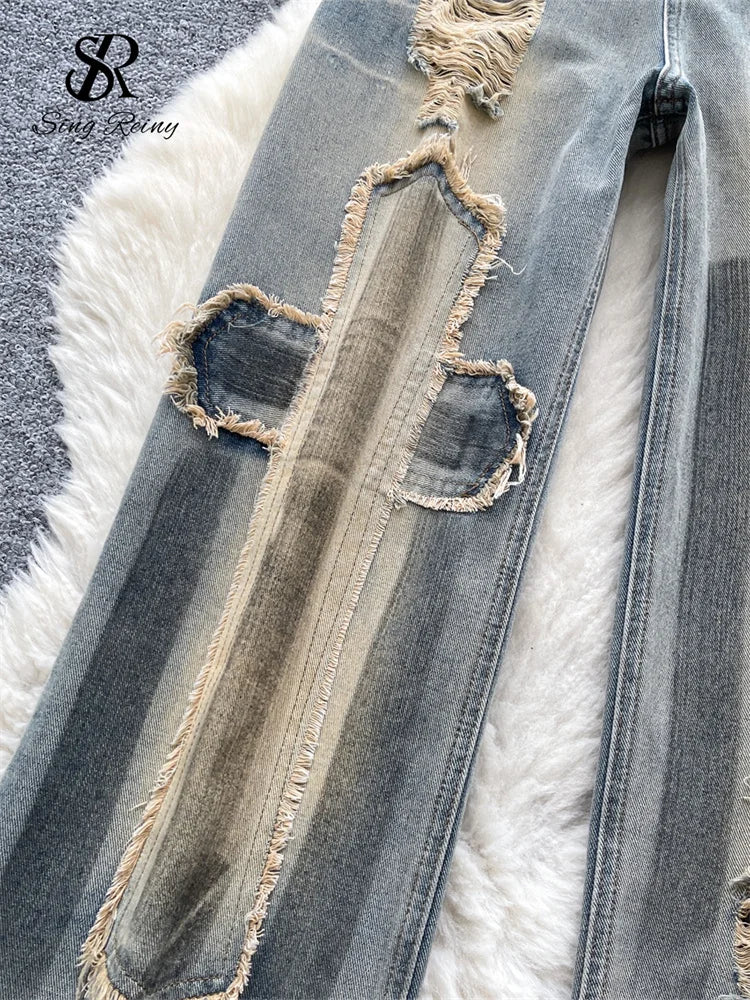 SINGREINY Autumn Vintage Denim Long Pants Female High Waist Hole Design Hotsweet Trousers Streetwear Patchwork Wide Legs Jeans