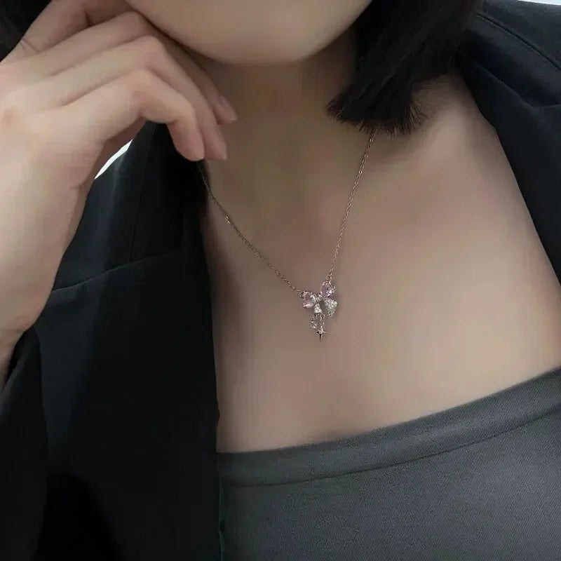 Luxury Fairy Pink Bow Shape Pendant Necklace Rings Set for Women Y2k Clavicle Chain Birthday Party Anniversary Gift Jewelry