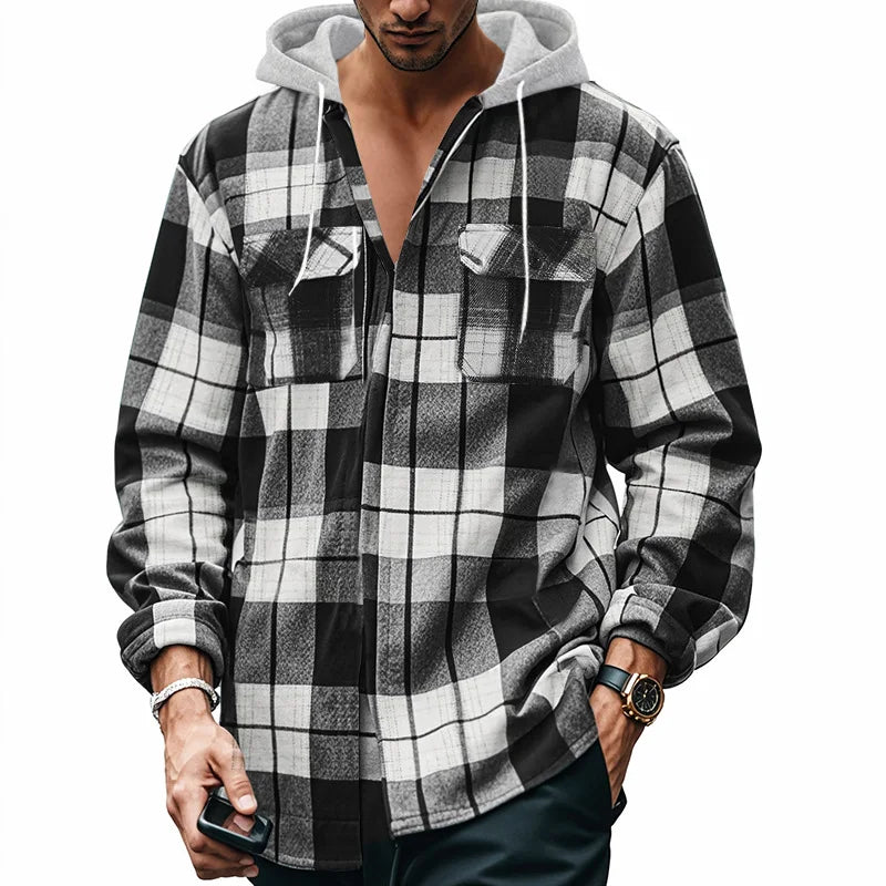 Heavy New Loose Casual Flannel Jacquard Long-Sleeved Hooded Plaid Shirt for Work Business Autumn 2025