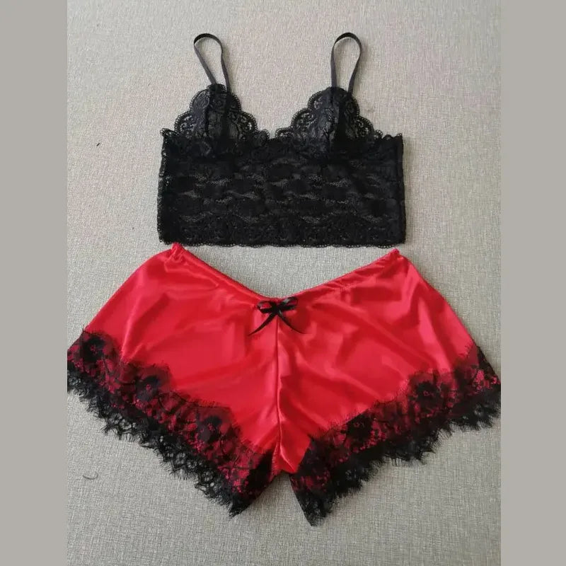 Women's 2 Piece Sexy Lace Pajama Set See-through Bralette Cami Top And Shorts Breathable Sleepwear Plus Size Summer Lingerie