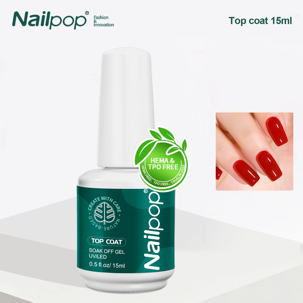 Nailpop HEMA/TPO Free Top Base Coat Gel Polish 15ml Clear Soak Off UV/LED Cured Professional Art Salon Home Use Long Lasting 1Pc