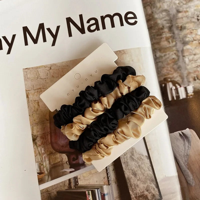 4pcs Real Silk Skinnies Small Scrunchie Set Hair Bow Ties Ropes Bands Skinny Scrunchy Elastics Ponytail Holders for Women Girls