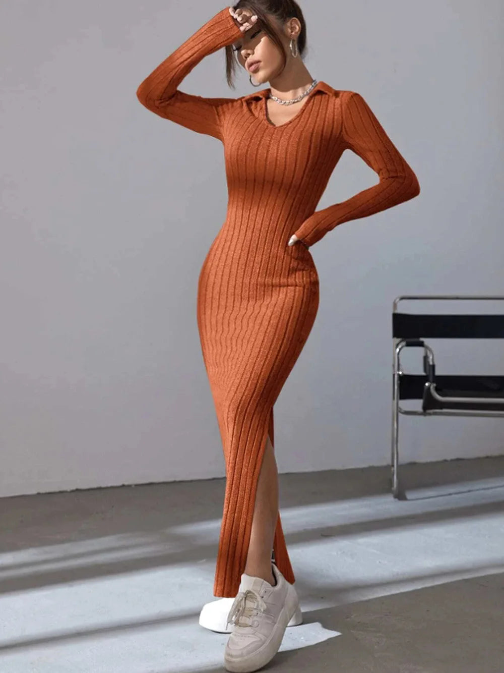 Spring and summer 2024 new style knitted slim lapel long sleeve dress pit strip solid color tight skirt