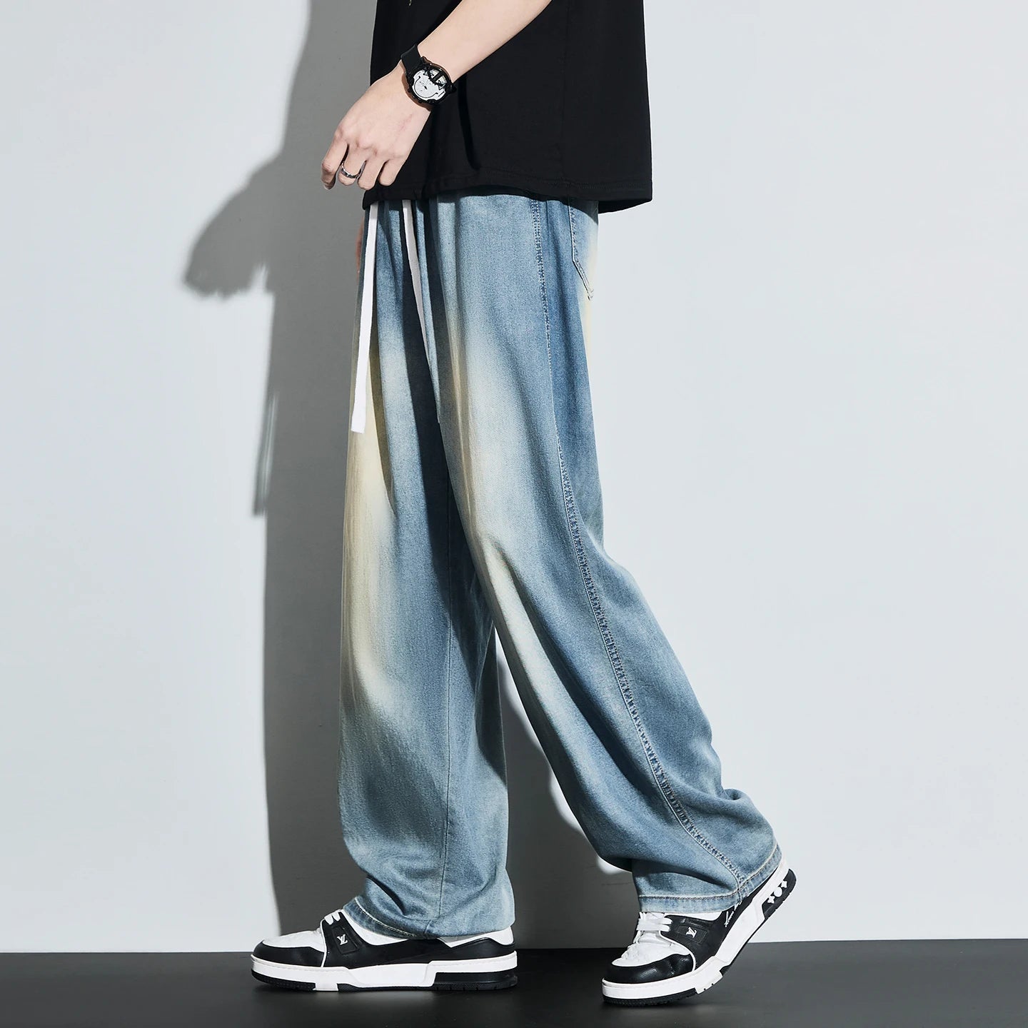 High Quality Spring Summer Lyocell Men's Jeans Baggy Straight Drawstring Streetwear High Street Trousers Male 7 Color
