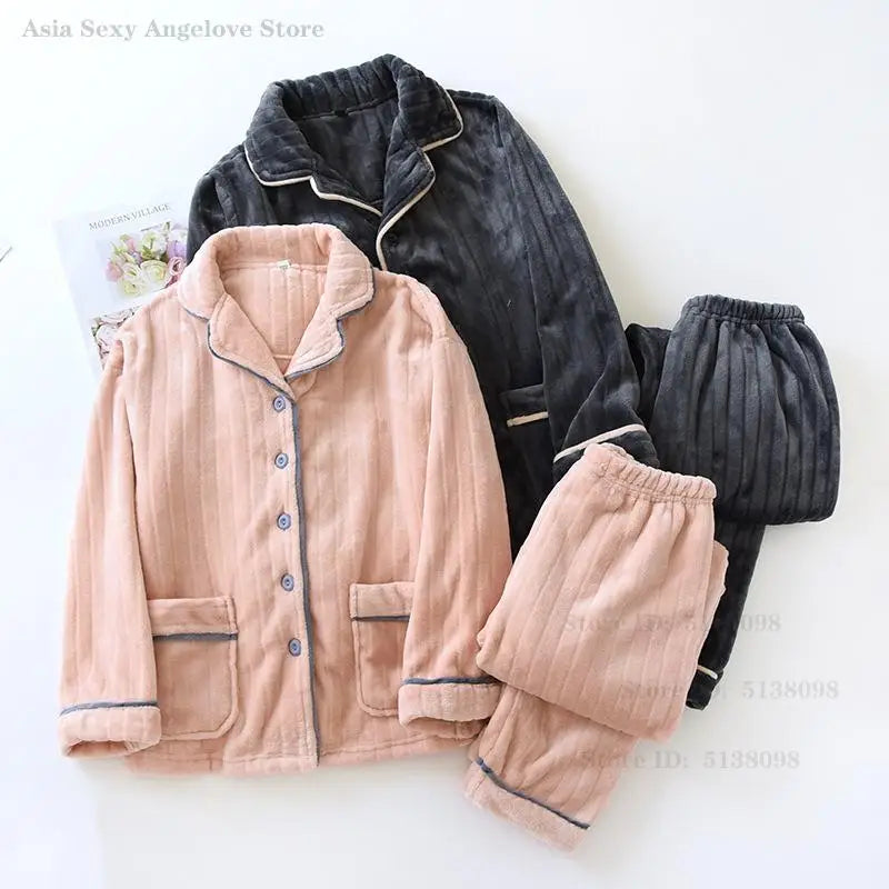 Couple Pajamas Winter Thick Coral Fleece Lapel Cardigan Sleepwear Flannel Men Women's Home Clothes Intimate Lingerie Nightwear