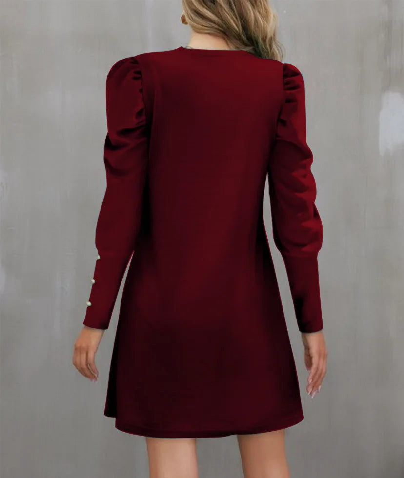 2025 Spring and Autumn New Round Neck Bubble Sleeve Button Decorative Long Sleeve Dress