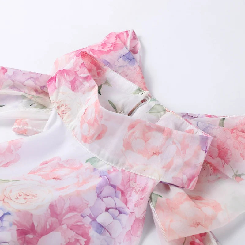 Chic Floral Printed Mini Dress Backless Sleeveless Hem Stacking Dresses Sweet A Line Vestidos 2025 New Lady Party Club Clothing